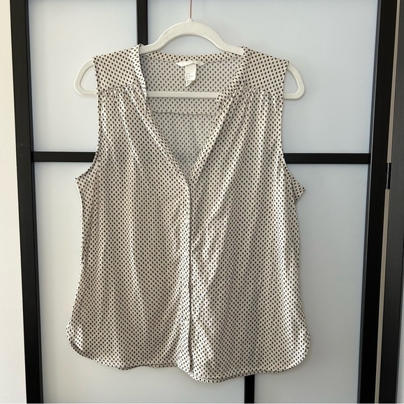 [M] H&M Button Down Creme w/ Mini Black Ferns Printed Sleeveless Tank Top Blouse - Picture 2 of 11